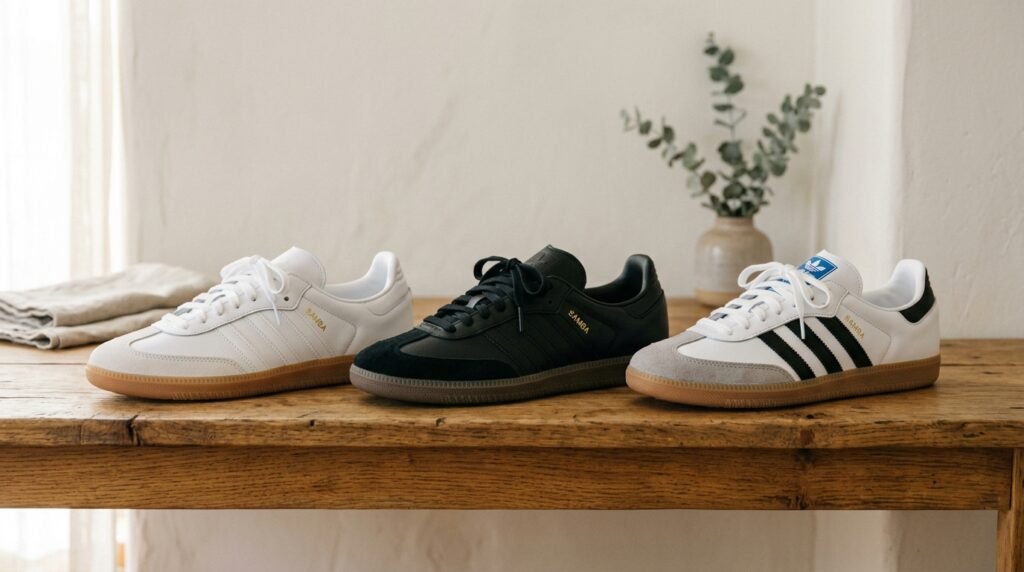 Three pairs of clean leather sneakers displayed neatly on a wooden shelf.