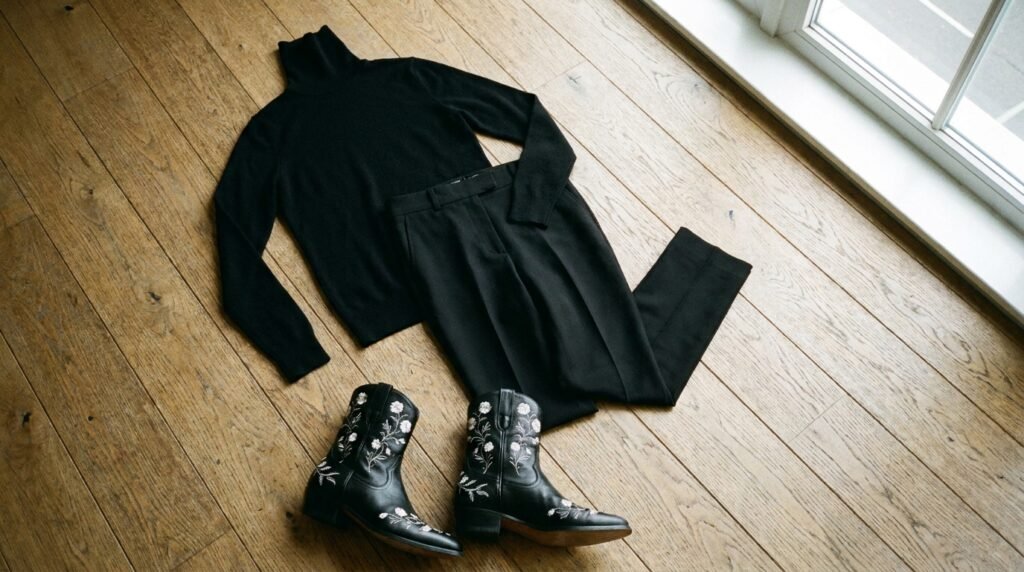 All-black outfit with black embroidered leather cowboy boots.