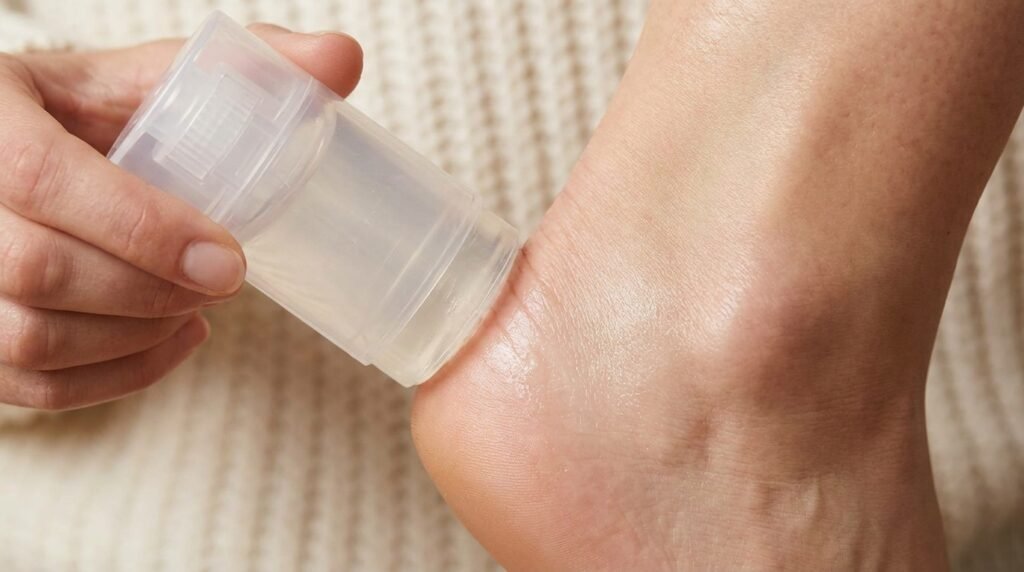 Applying an anti-friction balm stick to the back of the heel before wearing shoes.