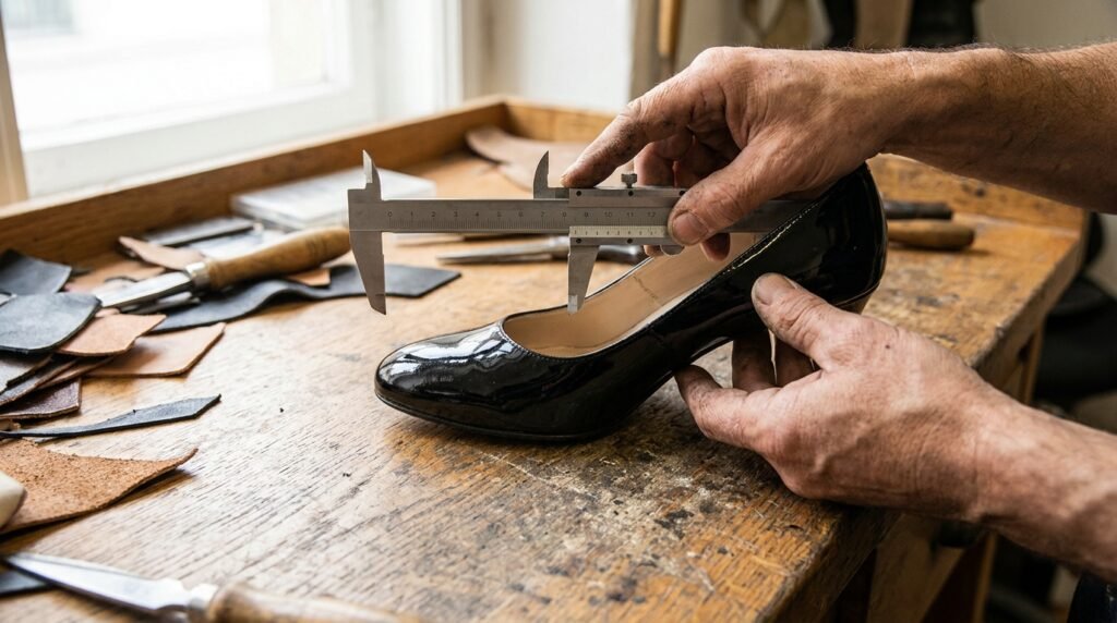 Professional measuring the pitch and arch incline of a black patent leather high heel.