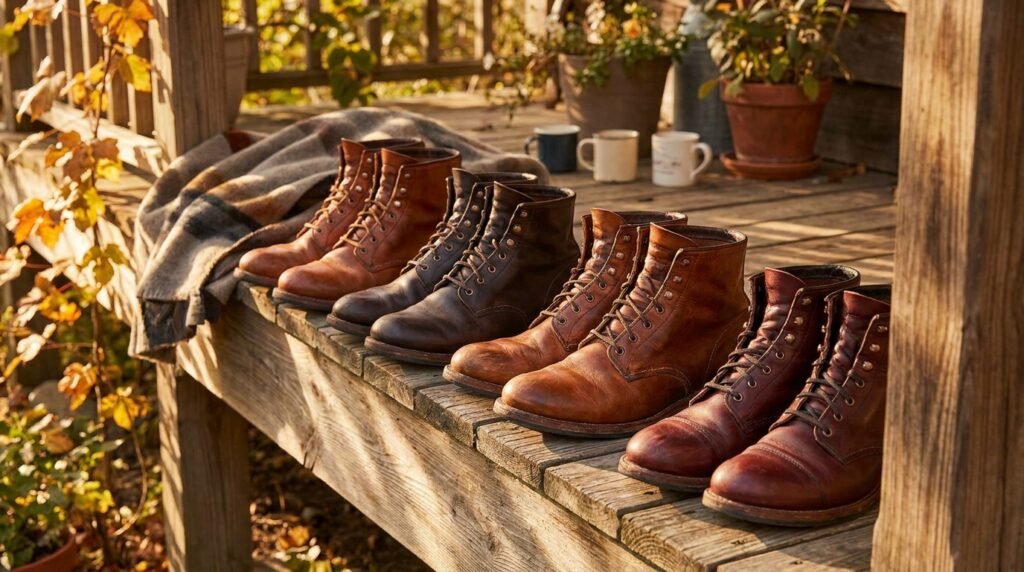 Several pairs of leather boots in various shades of brown lined up on a wooden porch.
