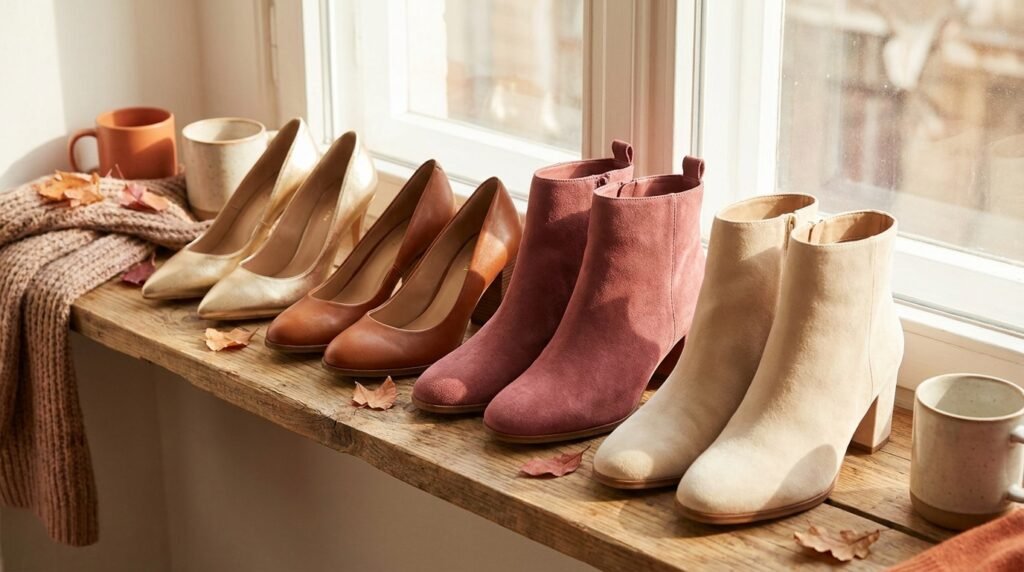 Several pairs of fall wedding guest shoes arranged on a wooden shelf.