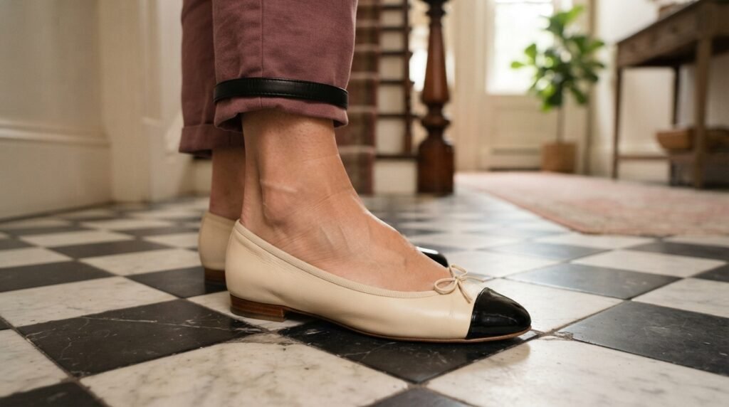 A person's feet wearing ivory and black cap-toe ballet flats standing on a tiled floor.