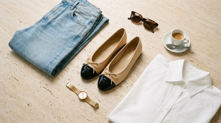 Cap-toe flats outfit ideas flat lay featuring beige and black two-tone shoes, jeans, and a white shirt.