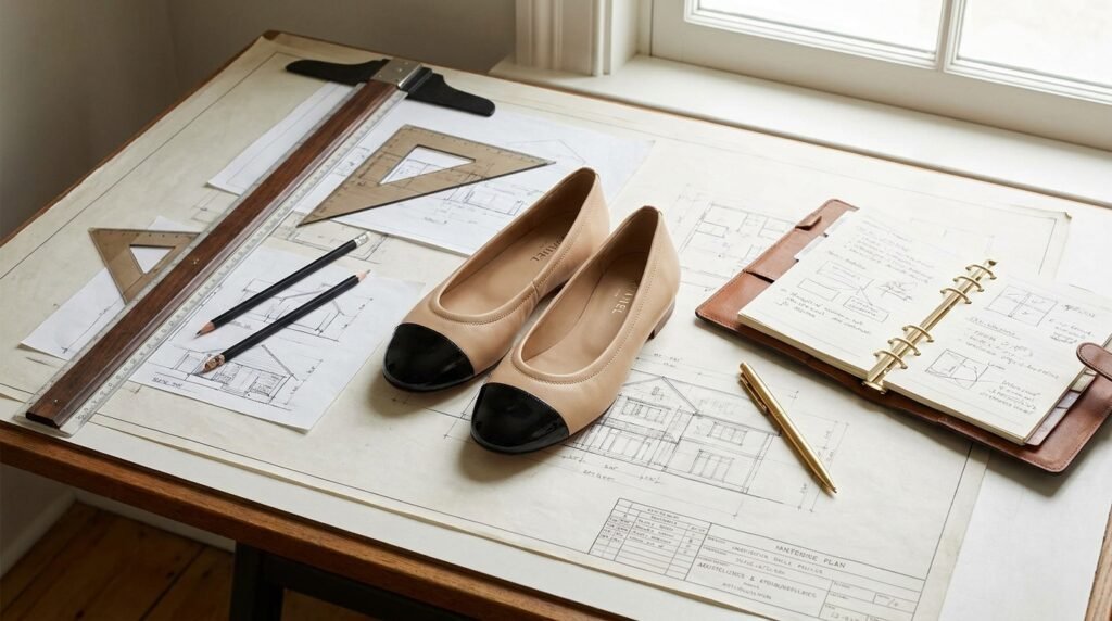 Two-tone beige and black cap-toe ballet flats arranged on an office workspace.