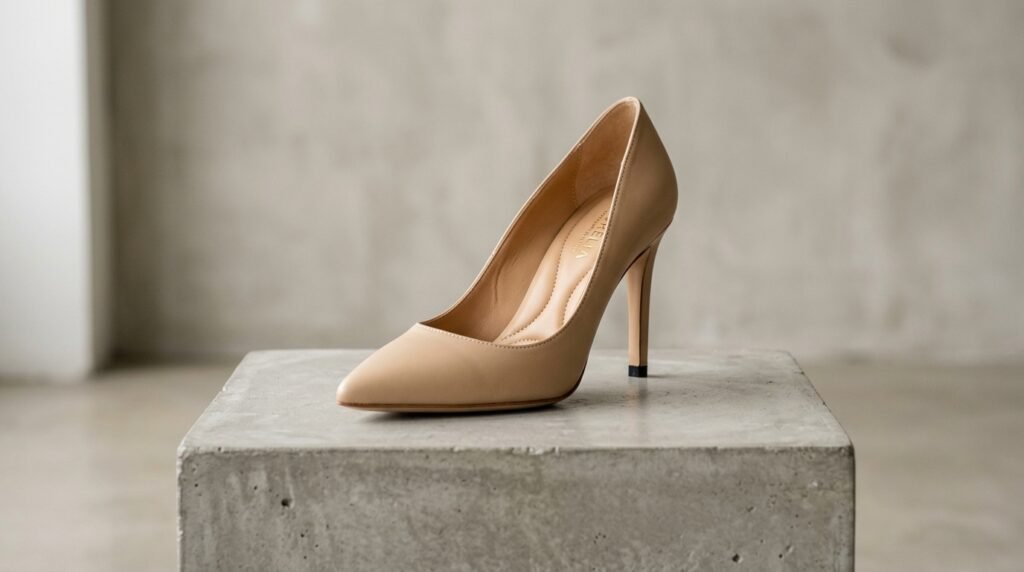 Beige calfskin stiletto pump displaying padded insoles and a centered heel peg.
