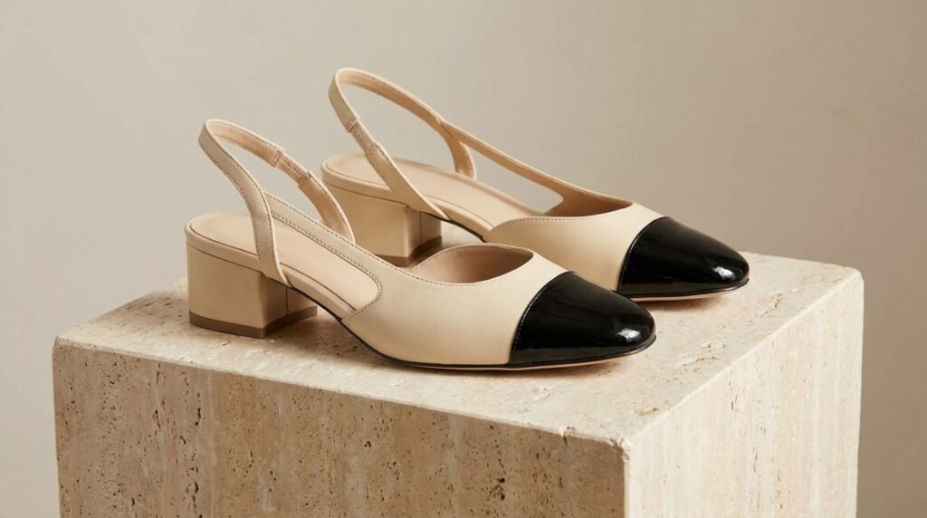 Two-tone beige and black cap-toe slingback shoes on a neutral stone display.