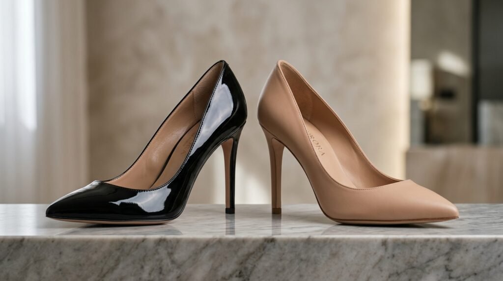 Side-by-side comparison of a black patent pump and a nude leather pump on marble.