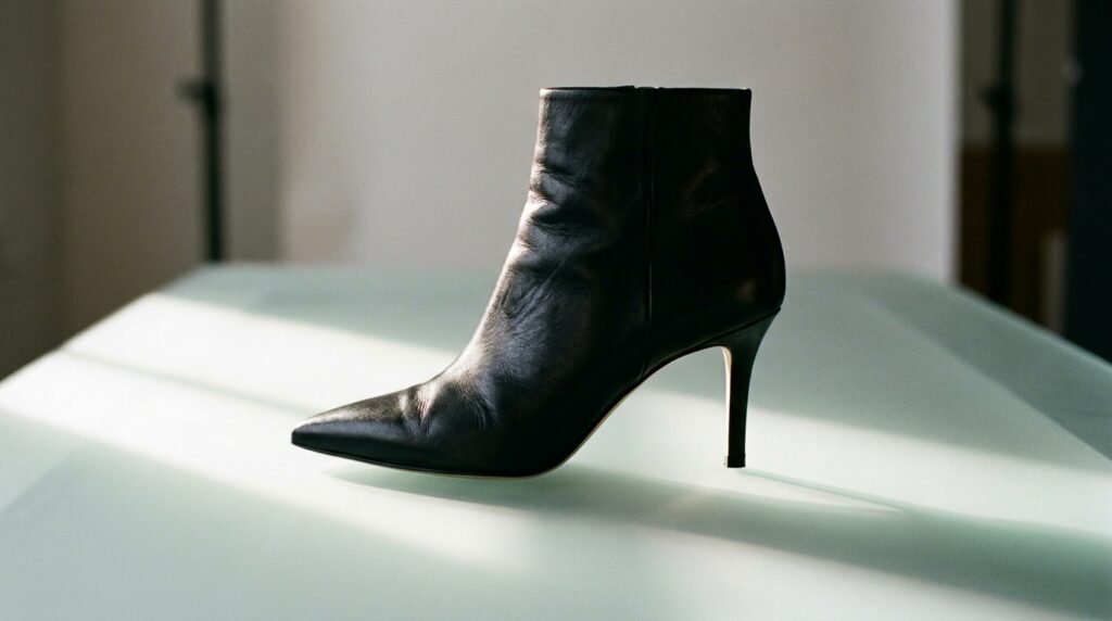 Sleek black leather pointed-toe ankle booties with a slim heel for winter interviews.
