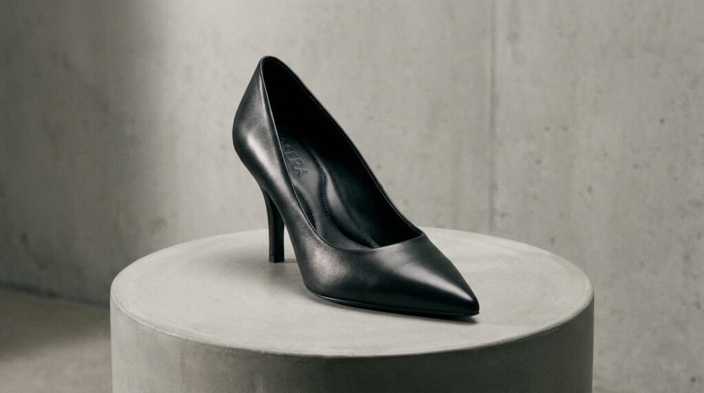 Classic black pointed-toe leather pump 80mm on a concrete display pedestal.