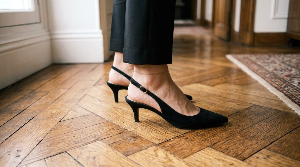Close-up of black suede pointed kitten heel slingbacks worn with cropped trousers.
