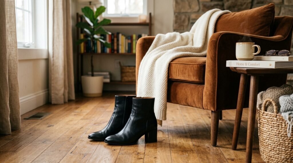 Black leather ankle boots with block heels sitting on a hardwood floor in a warmly lit room.