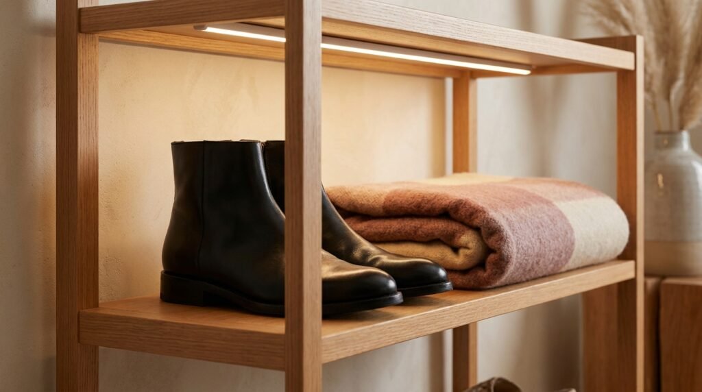 Clean, unbranded black leather boots displayed neatly on a minimalist shoe rack.