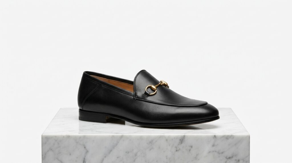 Black calfskin women's loafer with gold horsebit hardware on a marble plinth.
