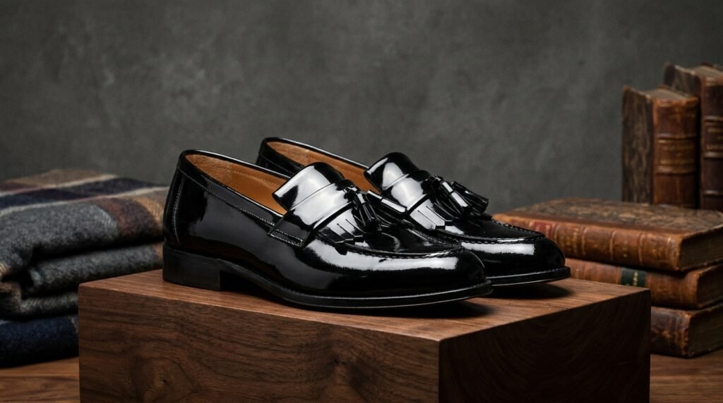 Black patent leather tassel loafers for women on a wooden pedestal.