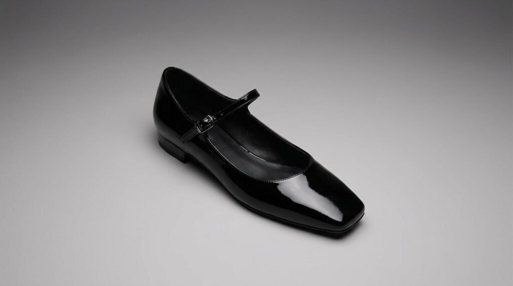 Black patent leather squared-toe Mary Jane shoes with slim strap.