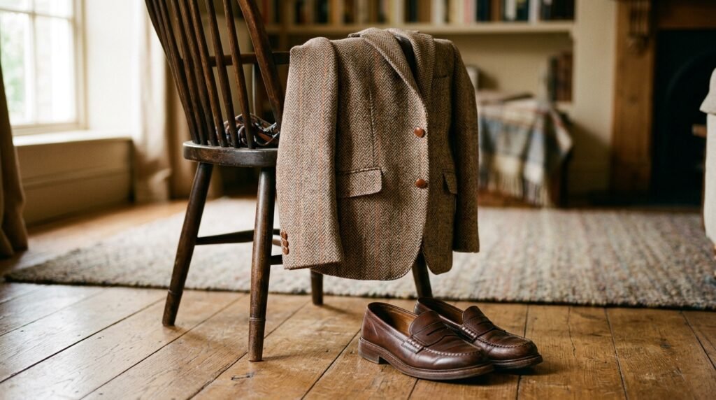A tweed blazer draped on a chair next to leather loafers on a wooden floor.
