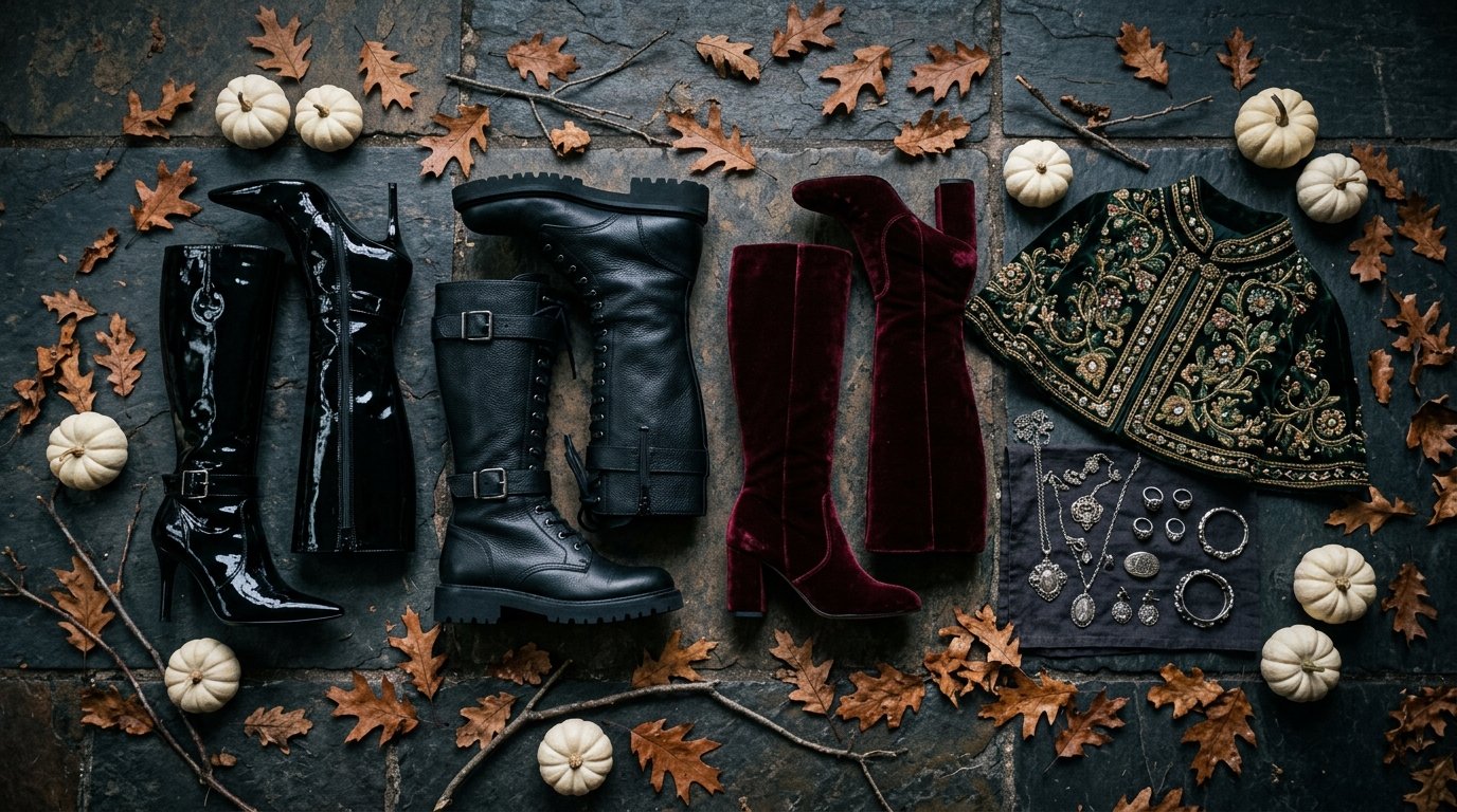 Knee-high boots Halloween outfits flat-lay featuring black patent, lug sole, and burgundy velvet boots on dark slate.