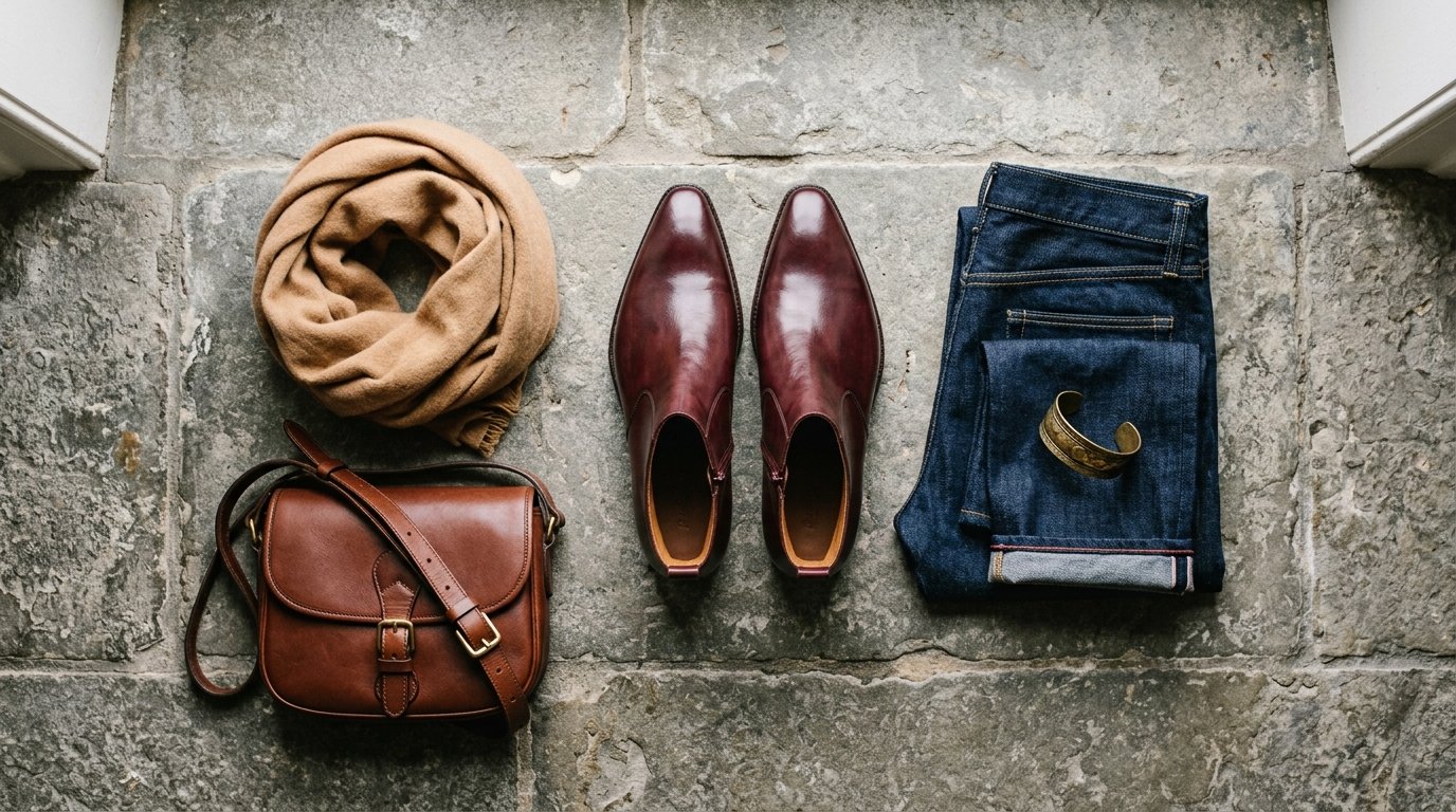 Burgundy boots outfit flat lay with indigo jeans, camel scarf, and leather accessories.