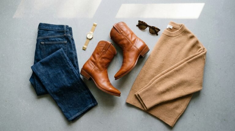 Cowboy boots outfit ideas flat lay featuring cognac leather boots, indigo jeans, and a camel sweater.