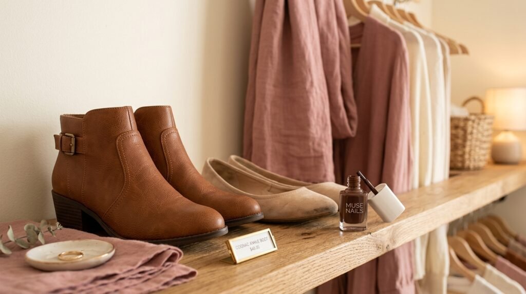 Closet shelf displaying affordable cognac ankle boots and a bottle of brown nail polish.