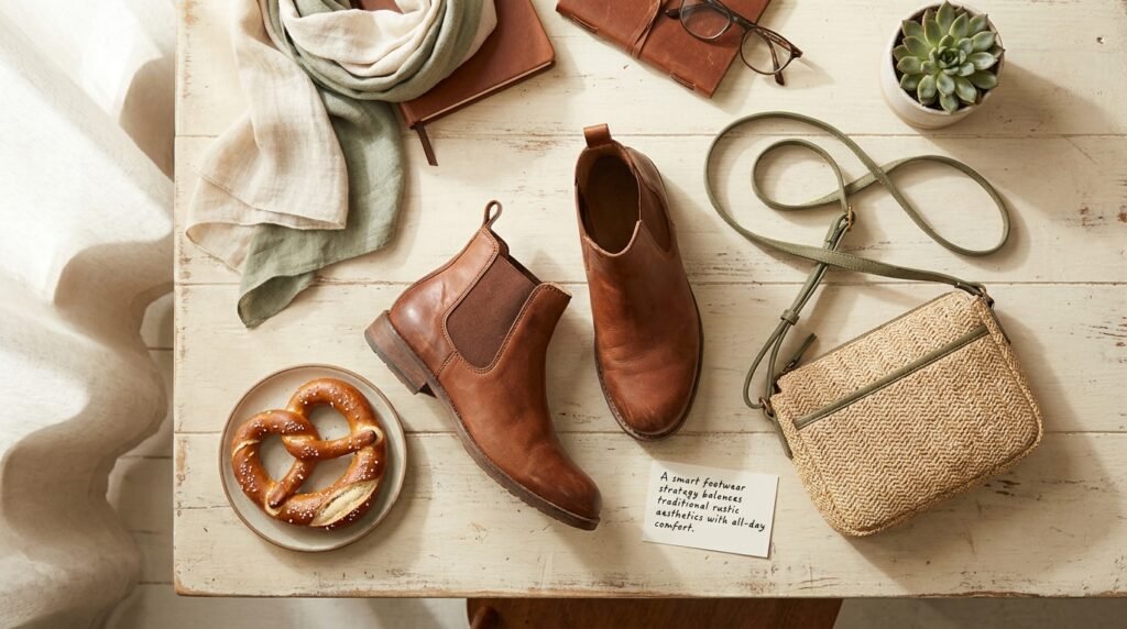 A flat lay arrangement showing leather ankle boots, a woven bag, and a pretzel on a wooden table.