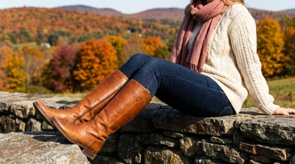 Cognac tall leather riding boots worn with jeans and a sweater outdoors.
