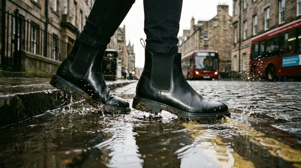 Black leather lug-sole Chelsea boots walking on a wet cobblestone street.