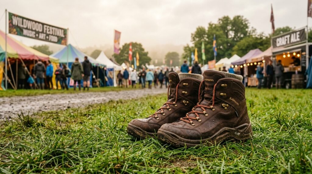 Waterproof brown leather boots standing on damp green grass under overcast lighting.