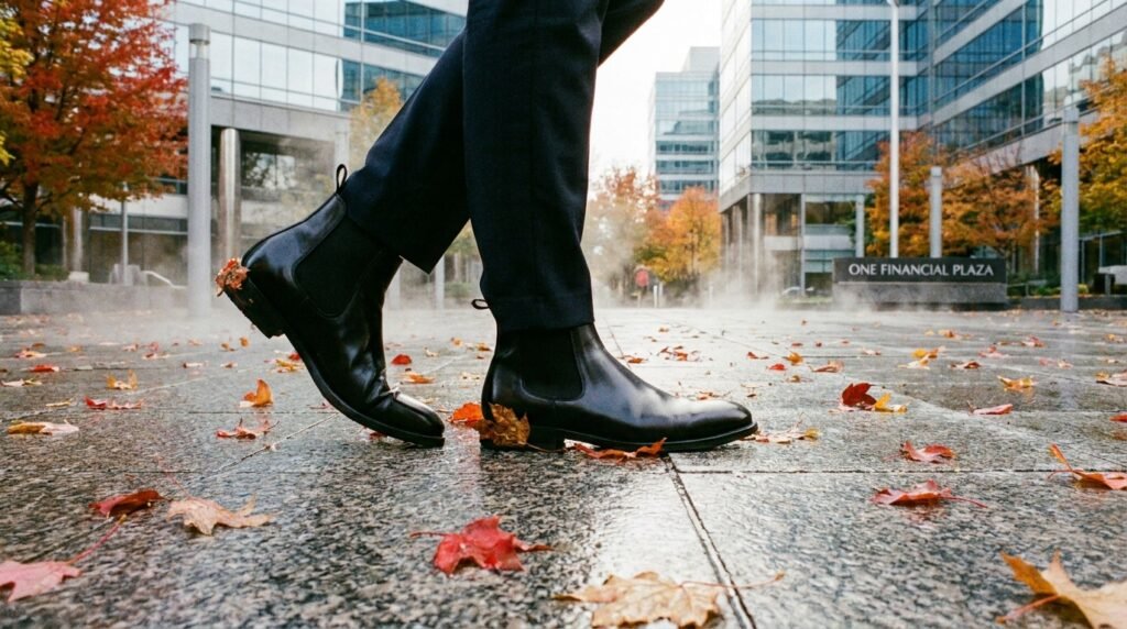 Black leather Chelsea boots walking on an outdoor city sidewalk in autumn.