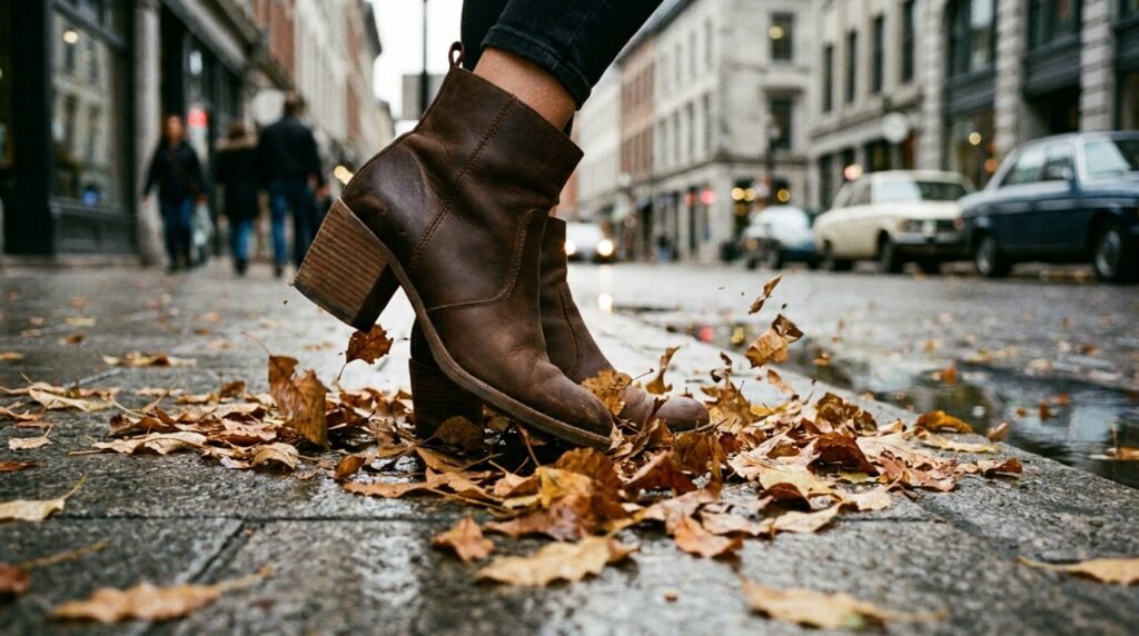 Espresso brown leather block-heel ankle boots walking on an autumn city sidewalk.