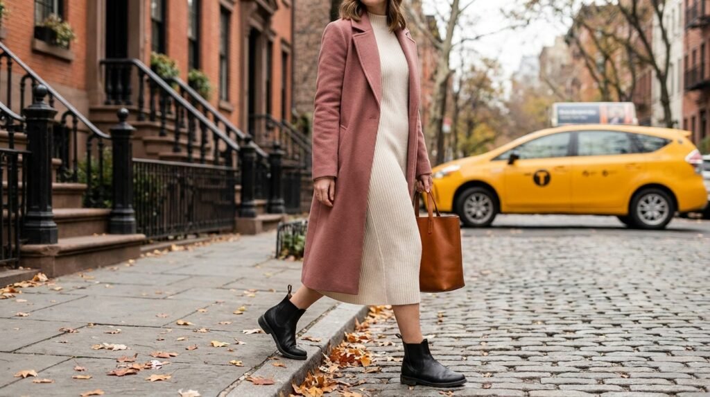 Black leather Chelsea boots worn with a cream knit dress outdoors.