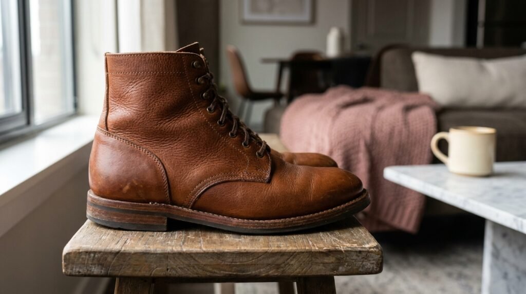 Close-up detail of high-quality brown leather stitching on a designer boot.