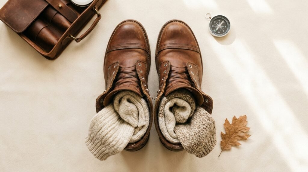 A flat lay showing leather boots with thick knit wool socks placed inside them.