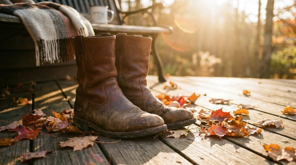 A pair of brown leather boots resting on a wooden deck among autumn leaves.