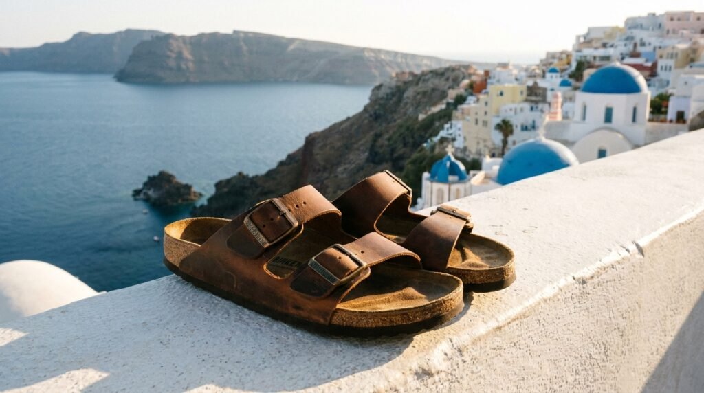 Brown leather slide sandals with cork footbed overlooking the sea.