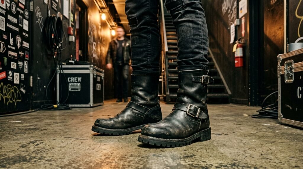 Buckled black leather moto boots with lug soles photographed in a moody, warmly lit indoor setting.