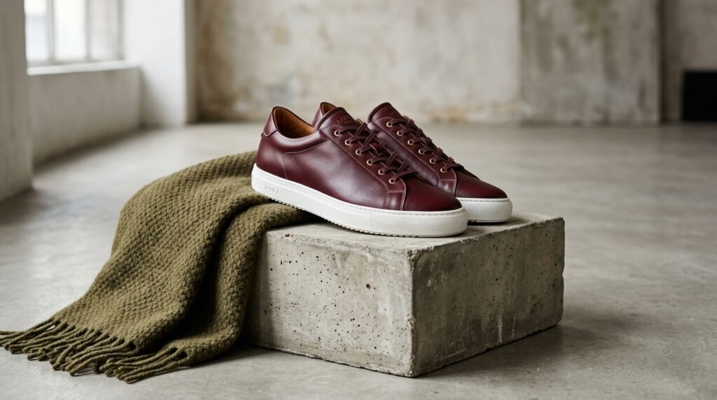 Deep burgundy leather sneakers displayed on a concrete cube with an olive wool blanket.