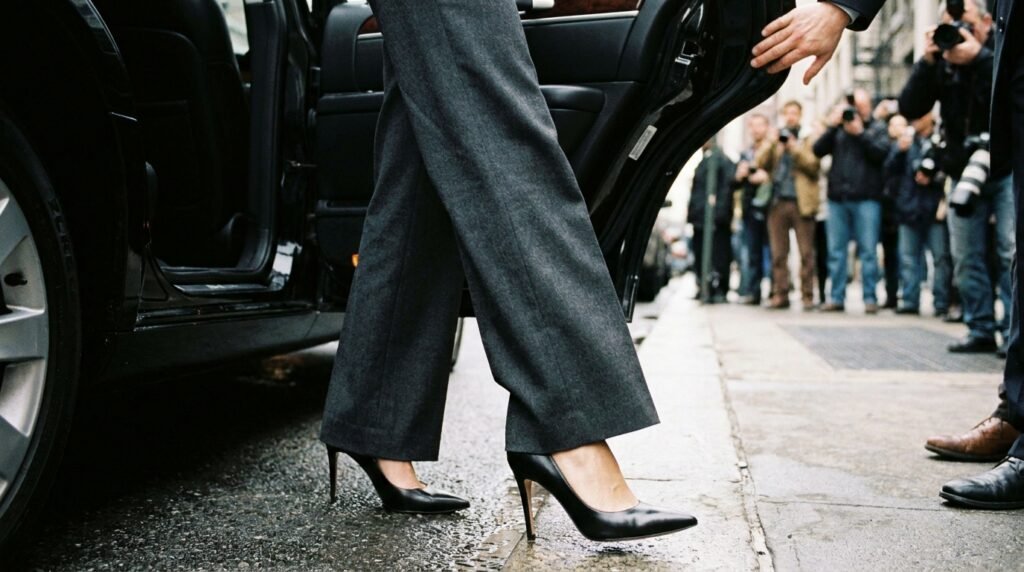 Black pointed-toe stiletto heels paired with charcoal trousers for a job interview outfit.
