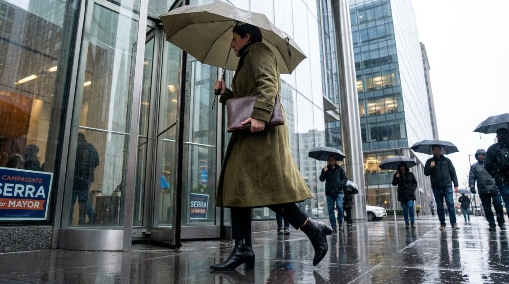 Pointed-toe black leather ankle boots worn with a wool trench coat for a winter job interview.