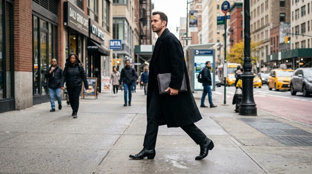 Minimalist black leather western boots with angled Cuban heel worn with a black tailored coat.