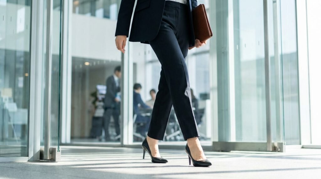 Confident woman stepping through modern office doors wearing polished interview footwear.