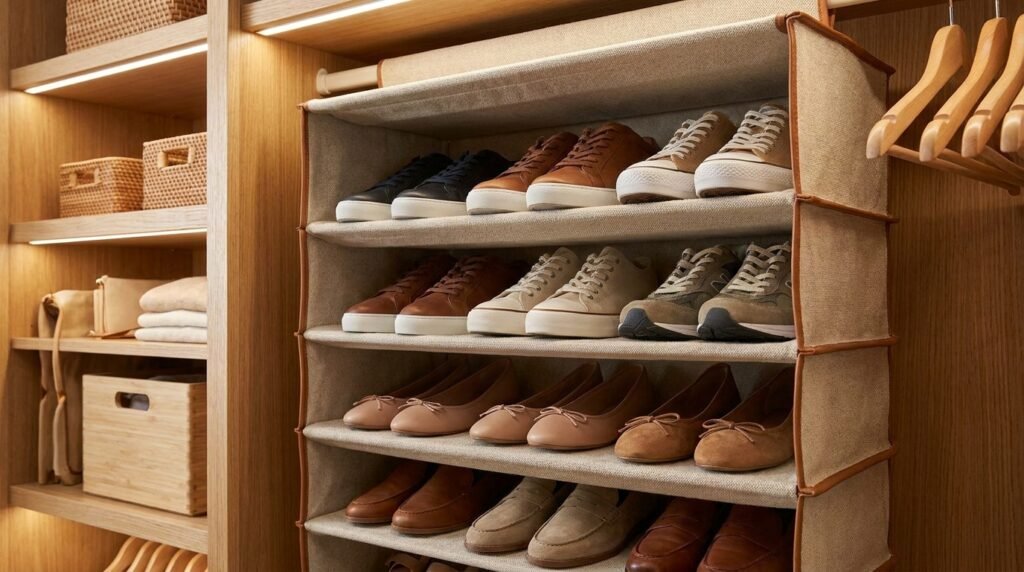 A structured hanging canvas closet organizer filled with pairs of shoes.