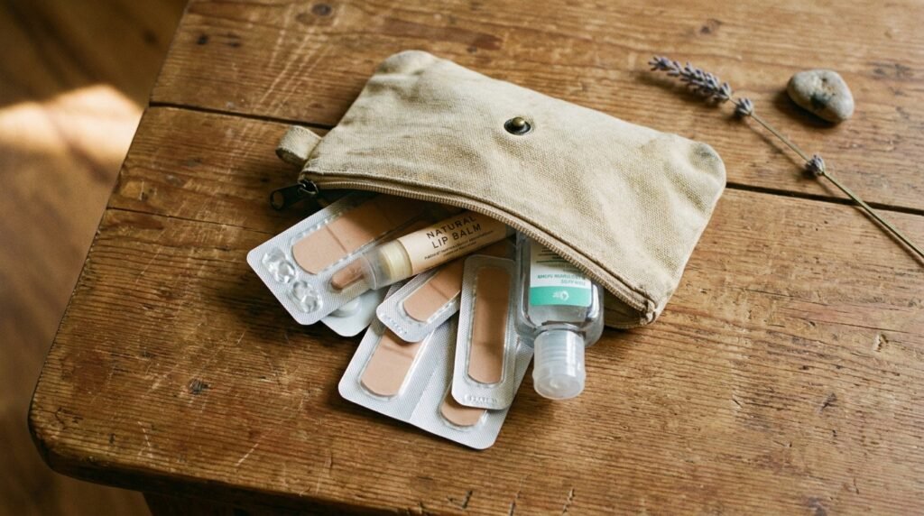 A small canvas pouch containing blister bandages and personal care items on a wooden table.
