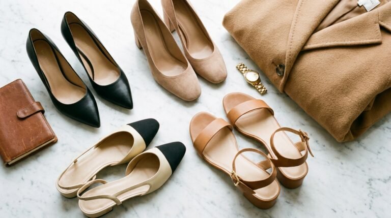 Capsule wardrobe heels flat lay featuring black pointed pumps, nude block heels, and slingbacks.