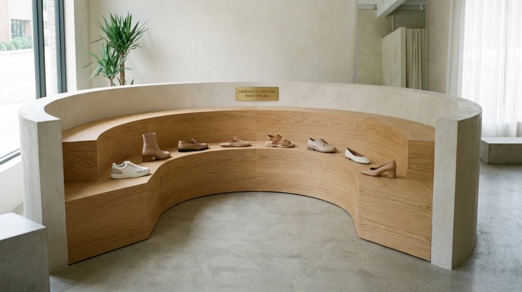 Showroom display of eight essential capsule shoes for women's office wear.