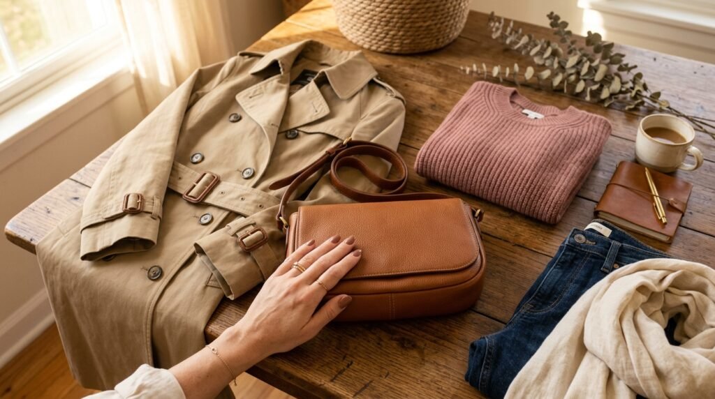 Capsule wardrobe flat lay with trench coat and mocha manicured hand.