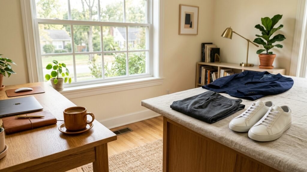 A neatly laid out professional capsule wardrobe featuring tailored trousers, a structured blazer, and minimalist leather sneakers on a wooden desk.