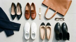 Capsule wardrobe shoes for work flat lay featuring black block heels, cognac loafers, and white sneakers.