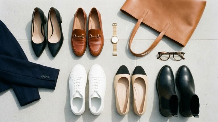 Capsule wardrobe shoes for work flat lay featuring black block heels, cognac loafers, and white sneakers.